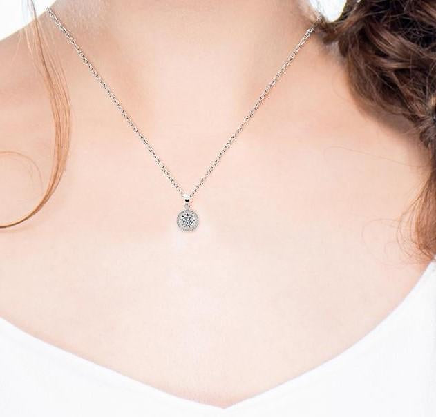 Round Halo Crystal Pendant Necklace in 18K White Gold