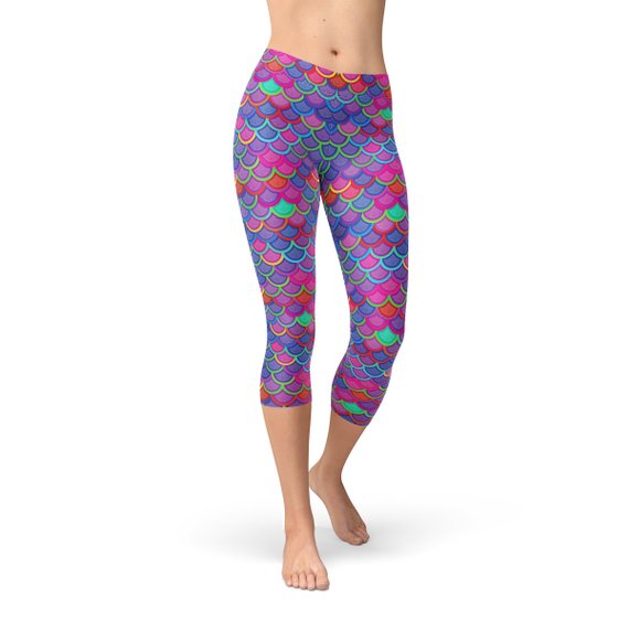 Womens Purple Pink Mermaid Capri Leggings - Stylemz