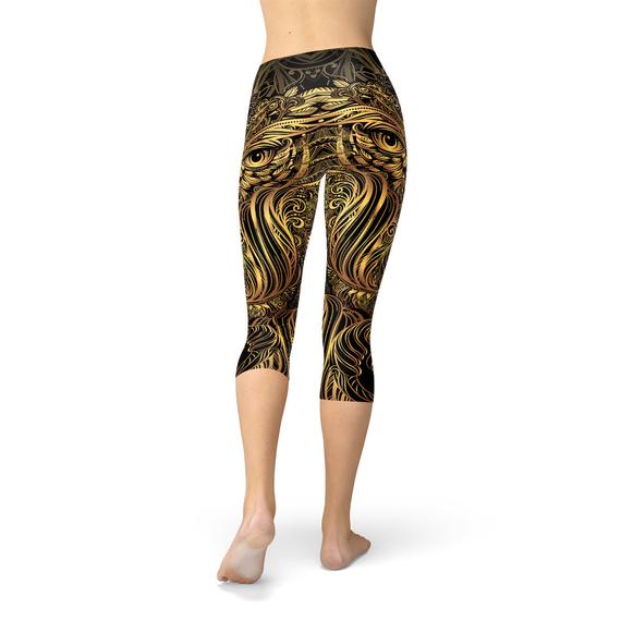 Womens Golden Ornament Owl Capri Leggings - Stylemz