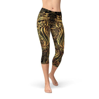 Womens Golden Ornament Owl Capri Leggings - Stylemz