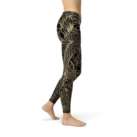 Womens Koi Fish Black Leggings - Stylemz