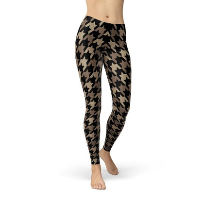 Womens Beige Brown Houndstooth Leggings for Active Wear