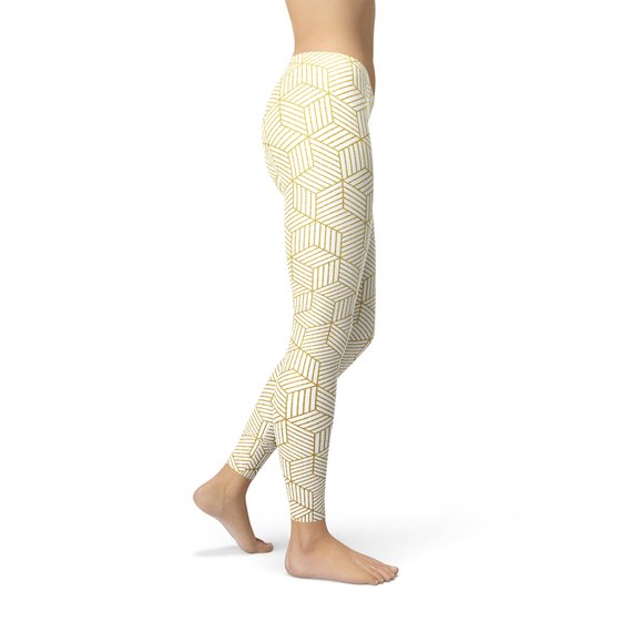 Womens White Leggings w/ Geometric Cubes - Stylemz