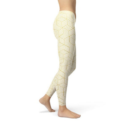 Womens White Leggings w/ Geometric Cubes - Stylemz