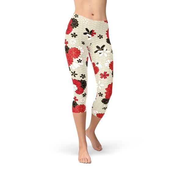 Womens Japanese Cherry Blossom Capri Leggings - Stylemz