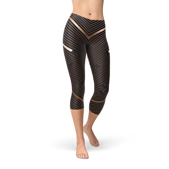 Womens Striped Lines Sports Brown Capri Leggings - Stylemz