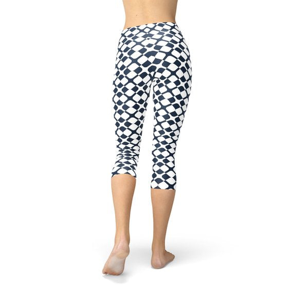 Womens Geometric Blue Tile Capri Leggings - Stylemz