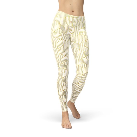 Womens White Leggings w/ Geometric Cubes - Stylemz