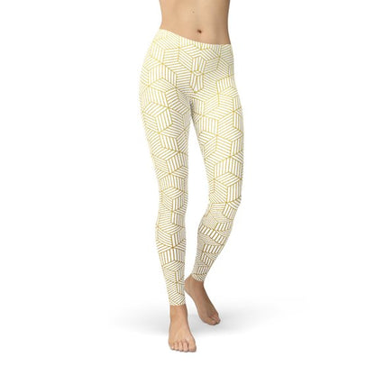 Womens White Leggings w/ Geometric Cubes - Stylemz