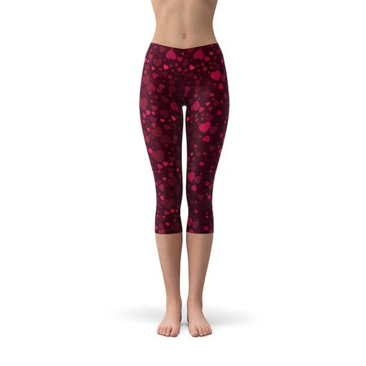 Hearts on Hearts Red Capri Leggings for Women Activewear