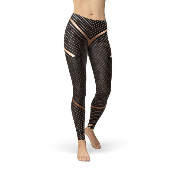 Womens Striped Lines Sports Brown Leggings - Stylemz