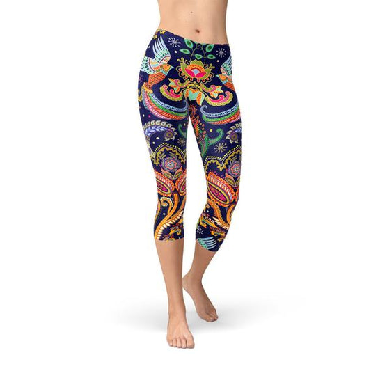 Womens Ornamental Blue Paisley Capri Leggings - Stylemz