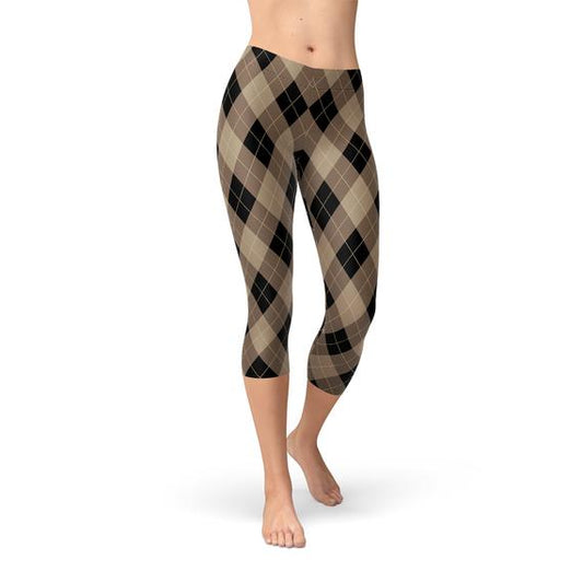 Womens Beige Brown Argyle Capri Leggings for Active Wear