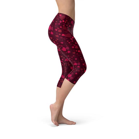 Hearts on Hearts Red Capri Leggings for Women Activewear