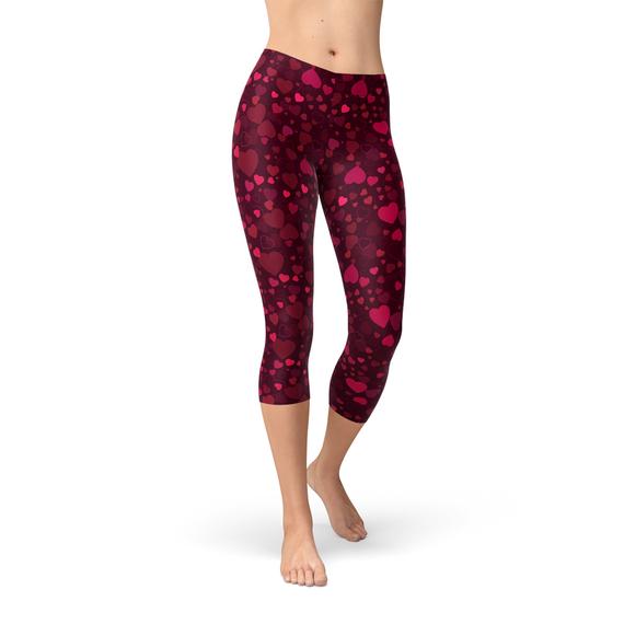 Hearts on Hearts Red Capri Leggings for Women Activewear