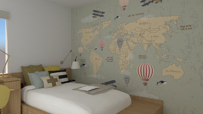 Beige world explorer map mural