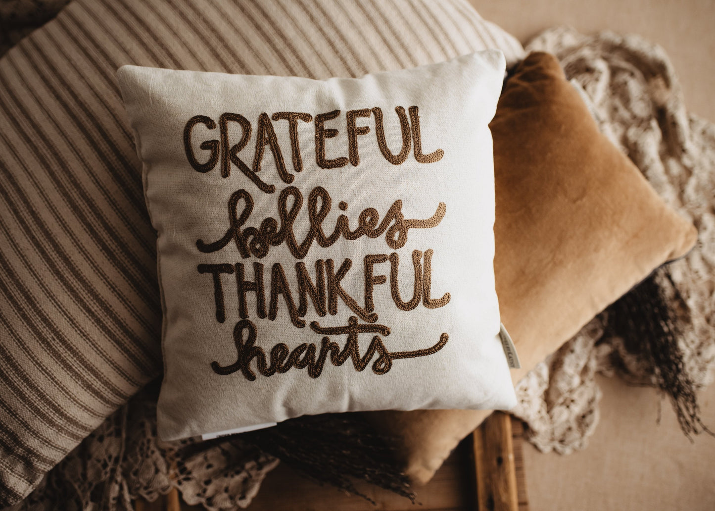 Grateful Bellies Thankful Hearts Pillow | Thanksgiving Decor