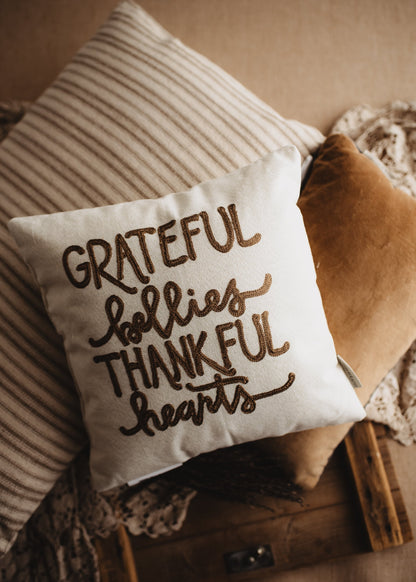 Grateful Bellies Thankful Hearts Pillow | Thanksgiving Decor