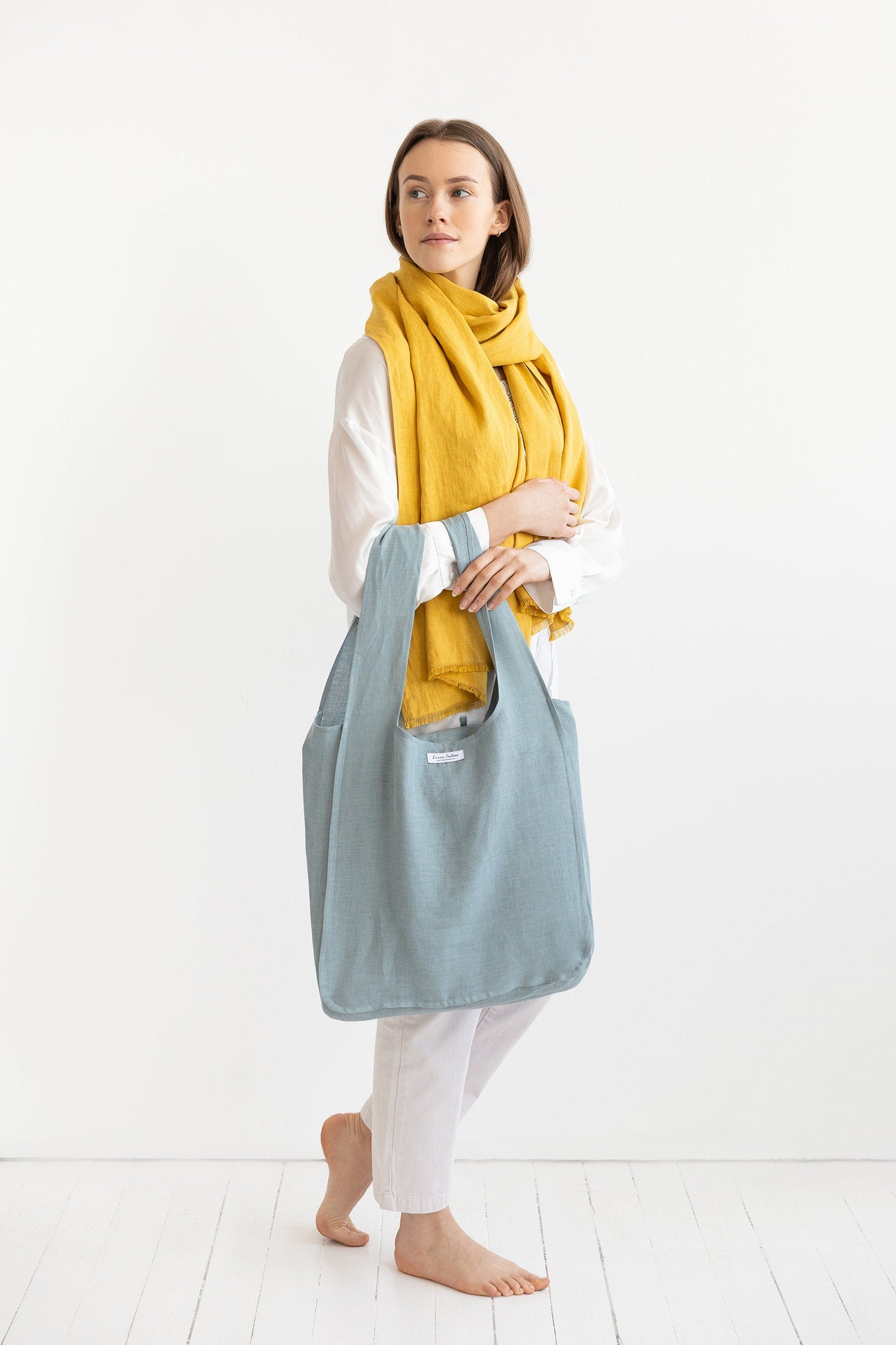 Greyish Mint Linen Tote Bag With Inside Pocket - Stylish Design