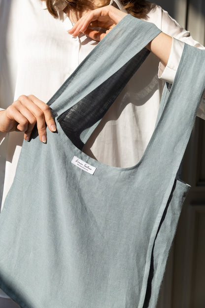 Greyish Mint Linen Tote Bag With Inside Pocket - Stylish Design