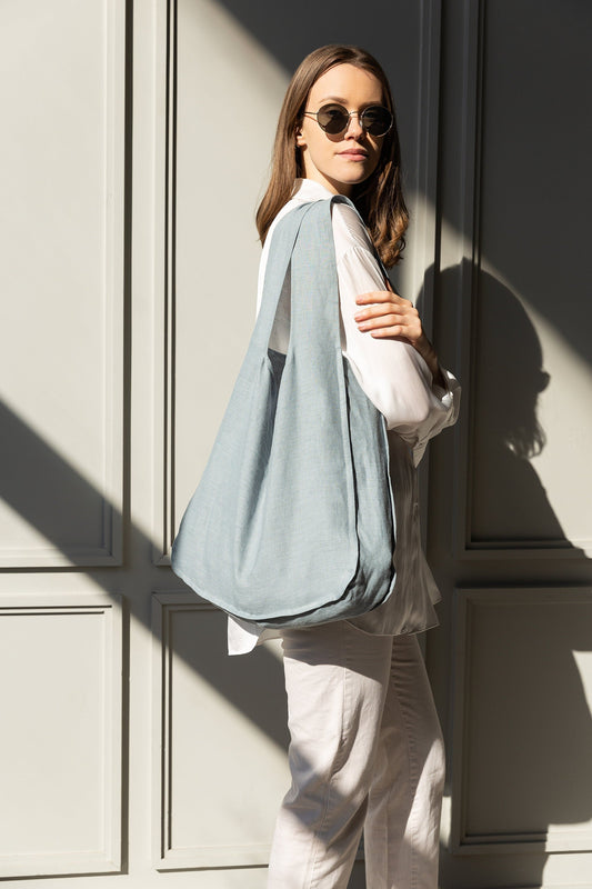 Greyish Mint Linen Tote Bag With Inside Pocket - Stylish Design