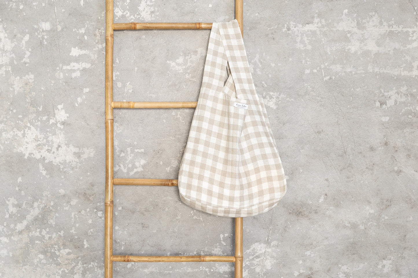 Natural and White Check Linen Tote Bag with Inside Pocket