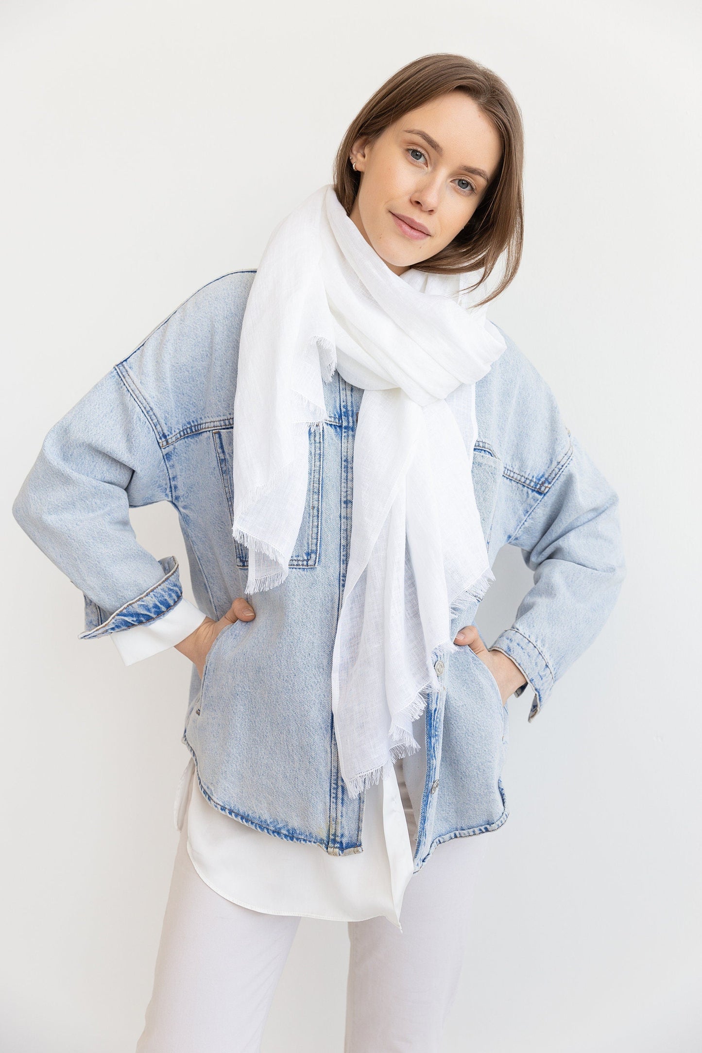 White Linen Lightweight Scarf for All Seasons and Styles