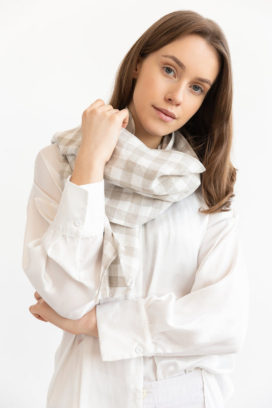 Natural and White Check Linen Scarf for All Seasons