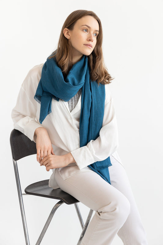 Dark Sea Blue Scarf - Soft 100% Linen Fashion Accessory