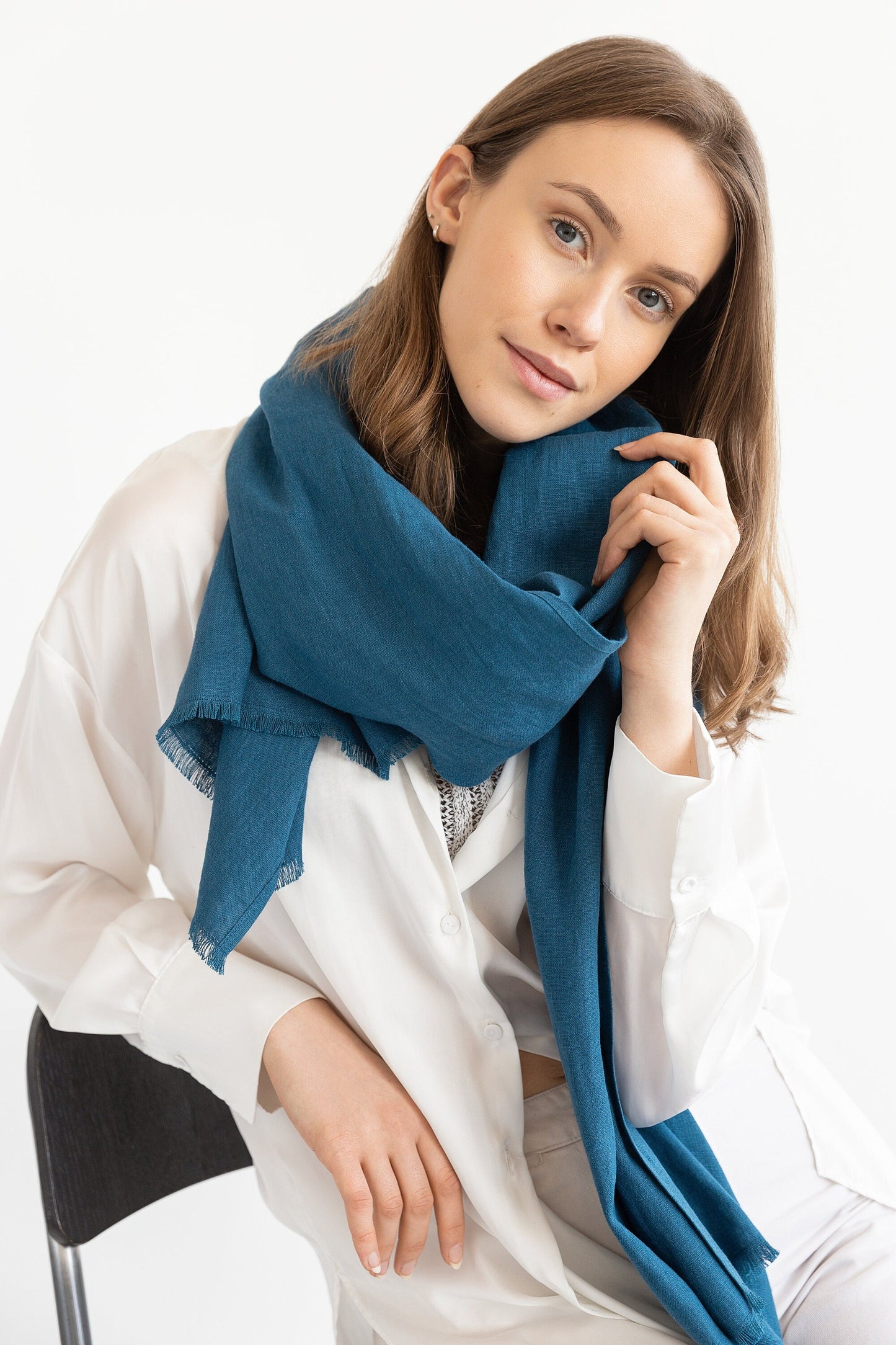 Dark Sea Blue Scarf - Soft 100% Linen Fashion Accessory