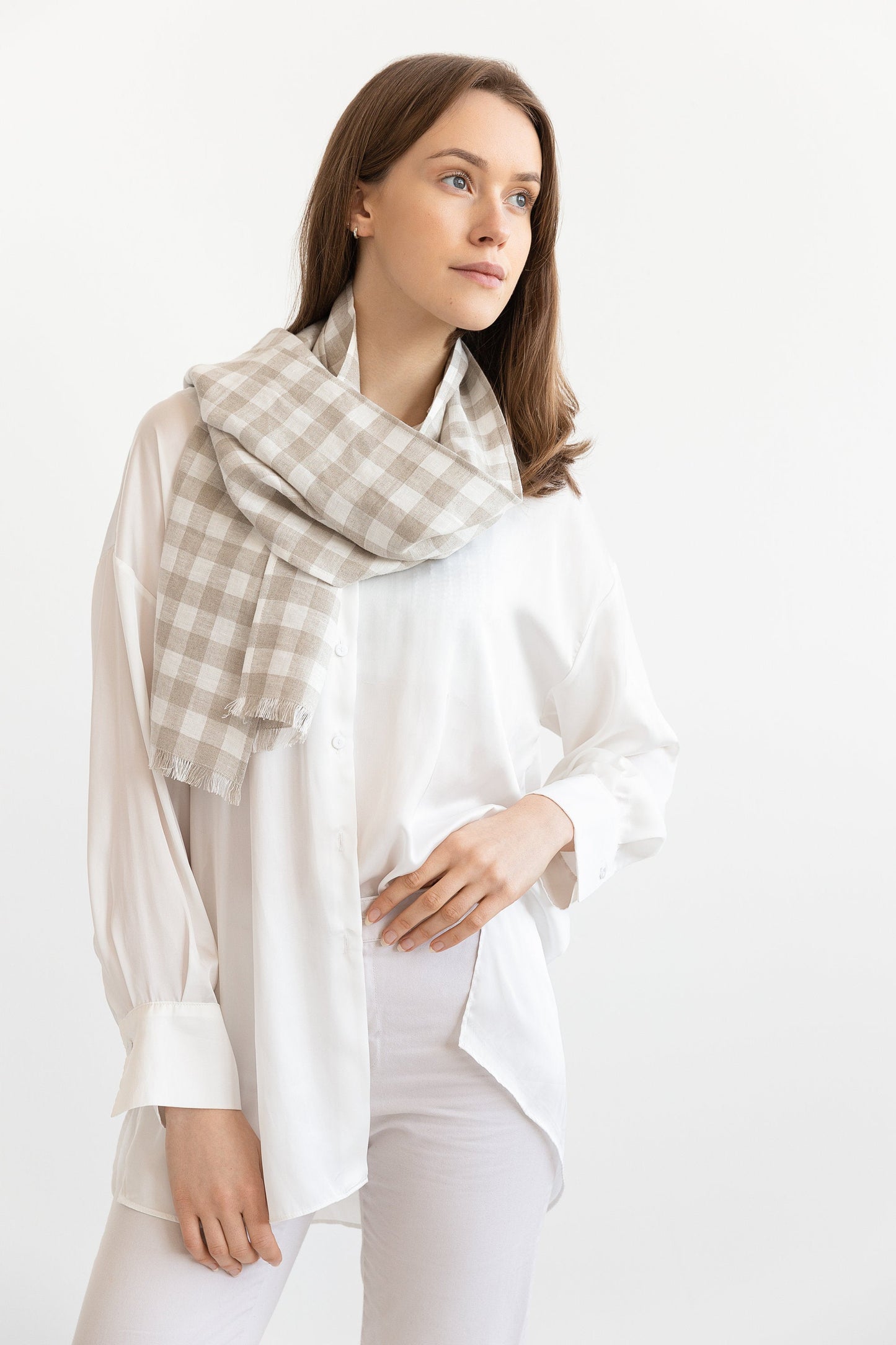 Natural and White Check Linen Scarf for All Seasons