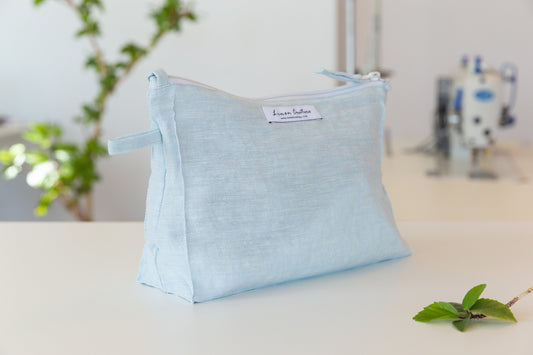 Baby Blue Linen Large Makeup Bag for Daily Essentials