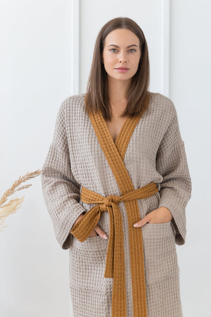 Natural and Amber Linen Waffle Robe Two Tones for Comfort