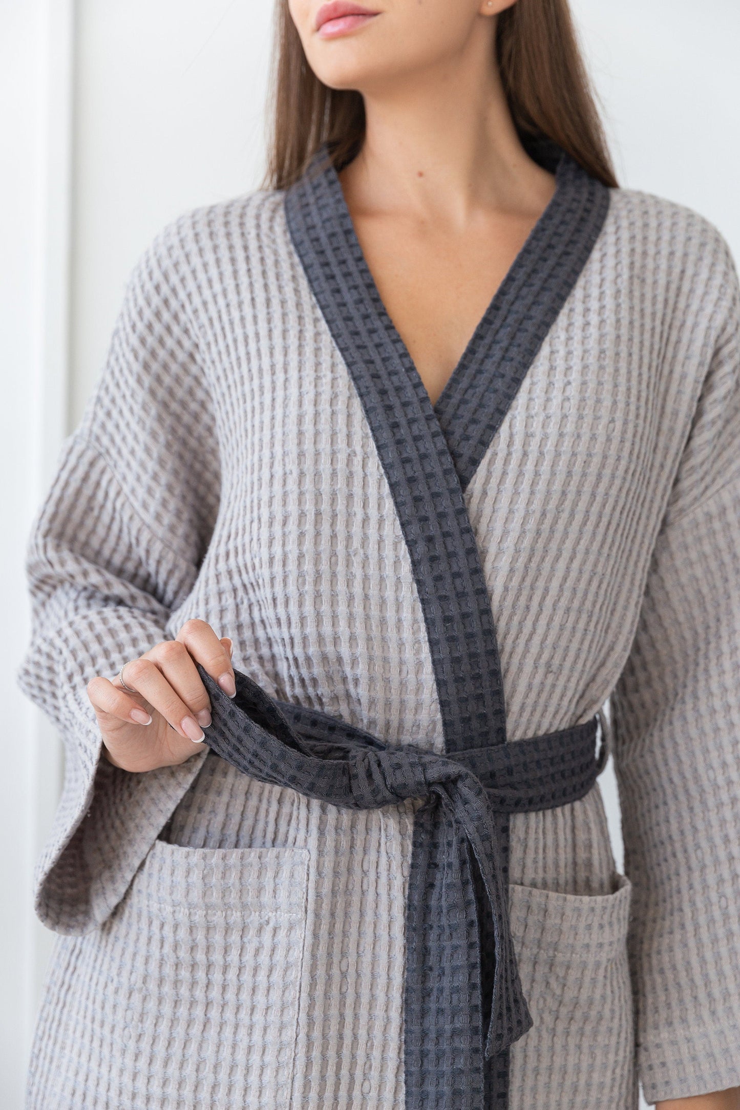 Light Grey and Grey Linen Waffle Robe Two Tones Luxury