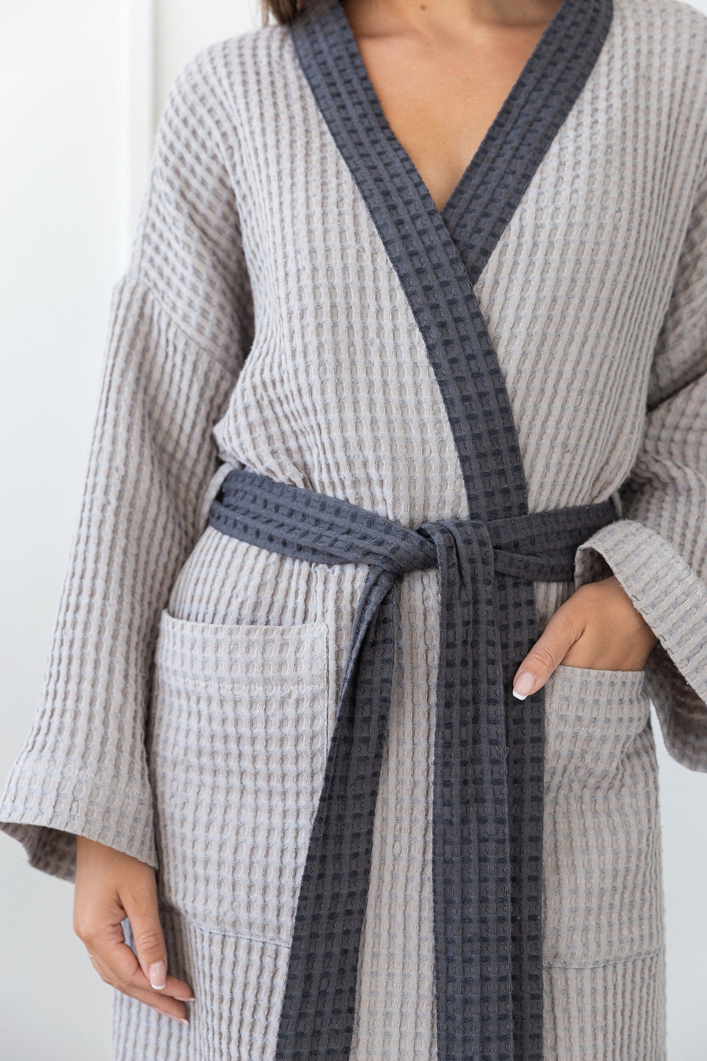 Light Grey and Grey Linen Waffle Robe Two Tones Luxury