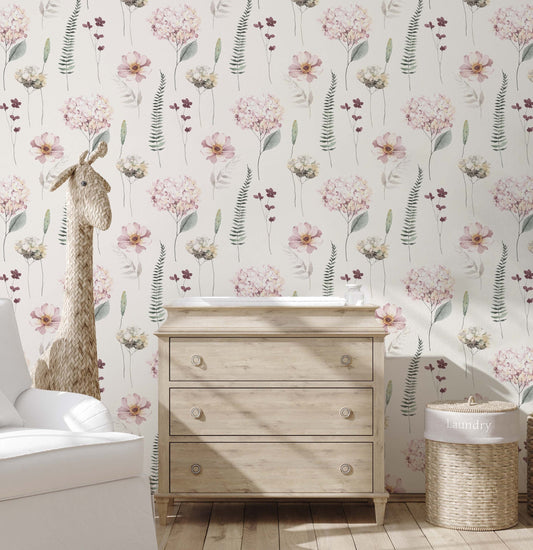 Hydrangea Floral Wallpaper in Spring Pink Custom Design