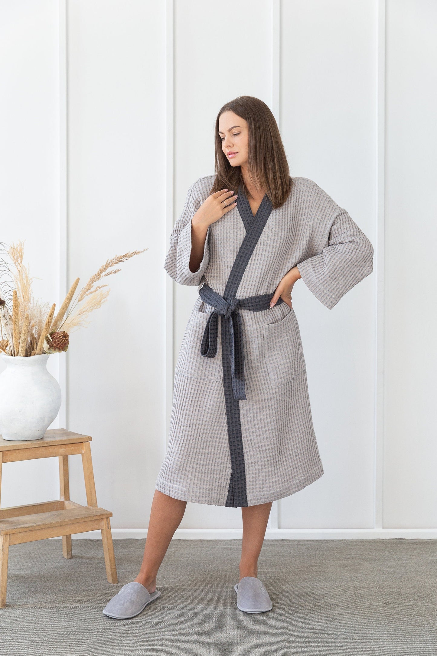 Light Grey and Grey Linen Waffle Robe Two Tones Luxury