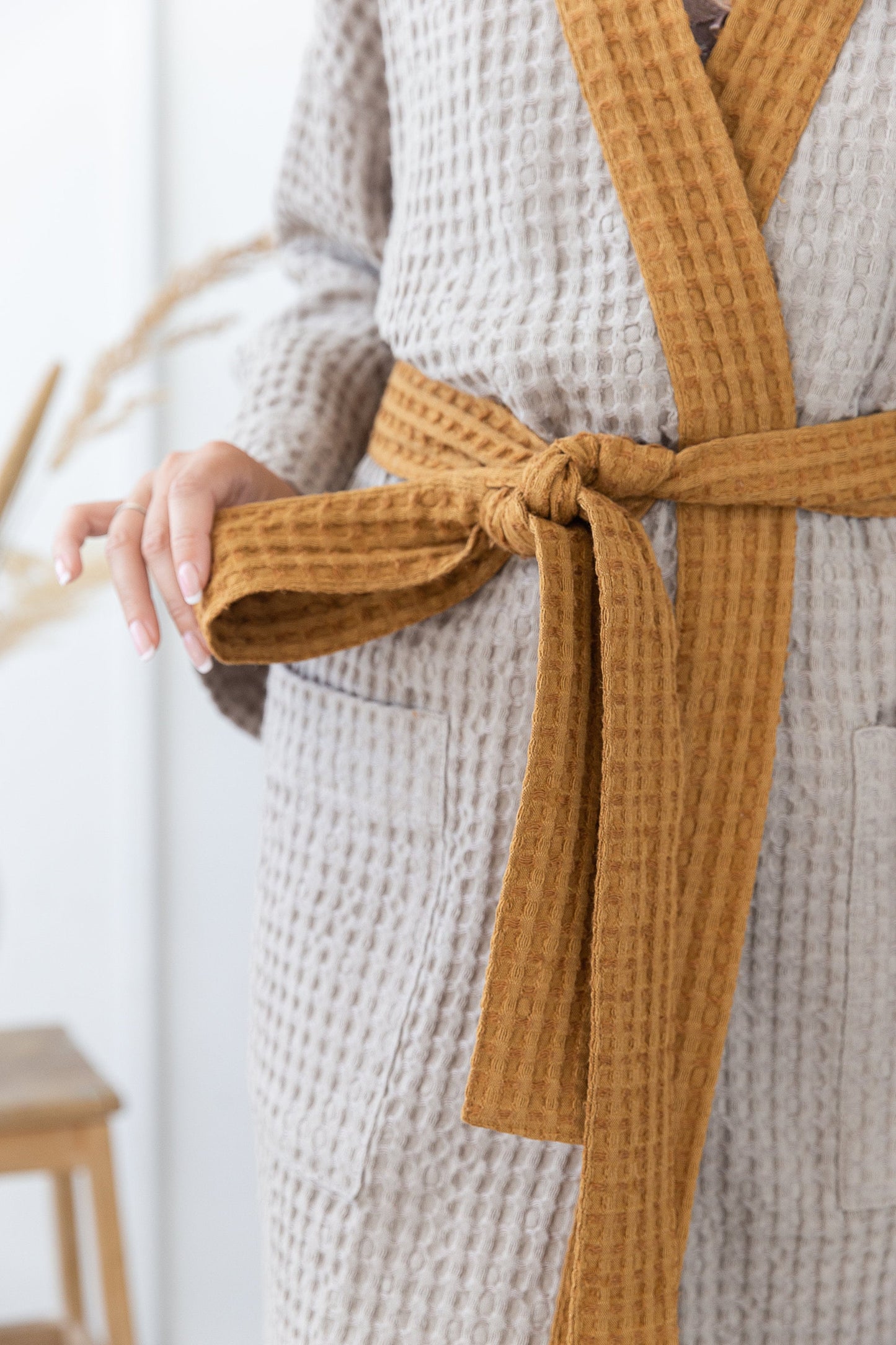 Natural and Amber Linen Waffle Robe Two Tones for Comfort