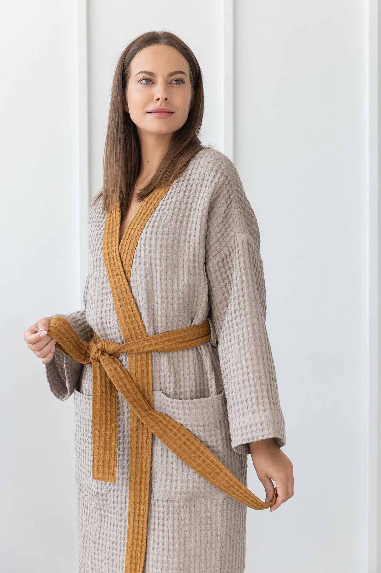 Natural and Amber Linen Waffle Robe Two Tones for Comfort