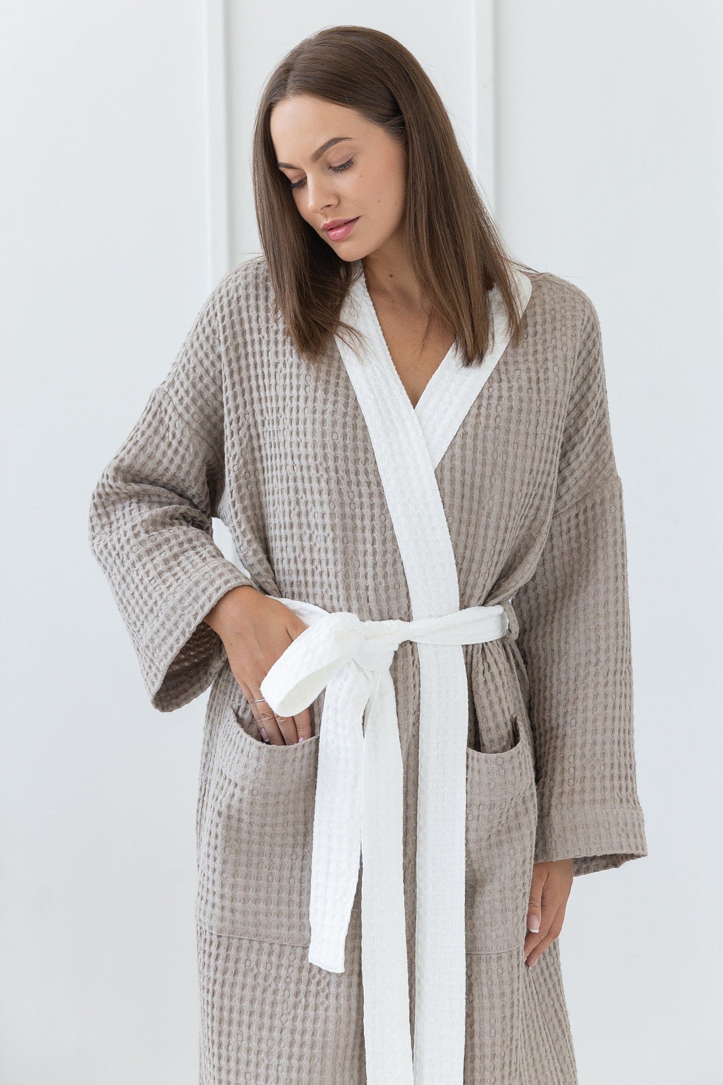 Natural and White Linen Waffle Robe Two Tones for Comfort