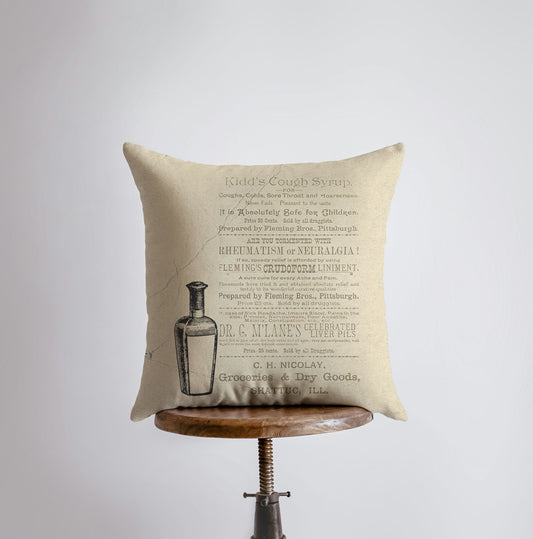 Apothecary Vintage Pharmacy Newspaper Ad Pillow Cover