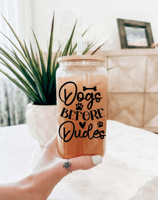 Dogs Before Dudes Iced Coffee Glass Cup with Lid & Straw