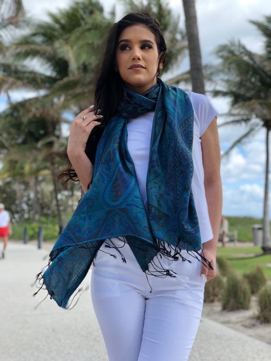 Blue/Green Jamawar Pashmina - Stylemz