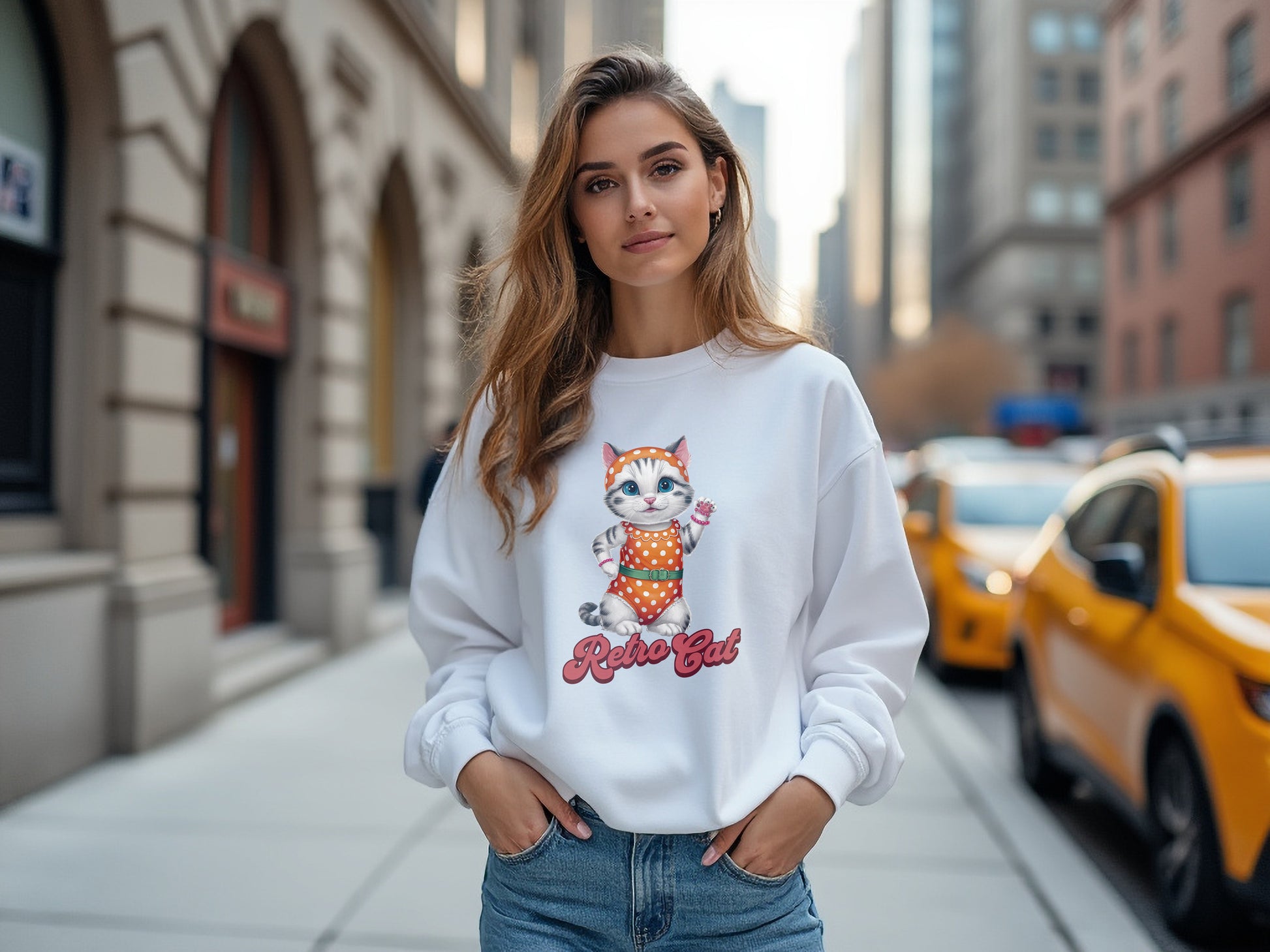 Retro Cat Unisex Midweight Softstyle Fleece Crewneck Sweatshirt - StyleMZ - Stylemz