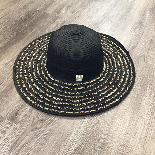 Black Animal Print Ribbon Straw Beach Hat - Stylemz