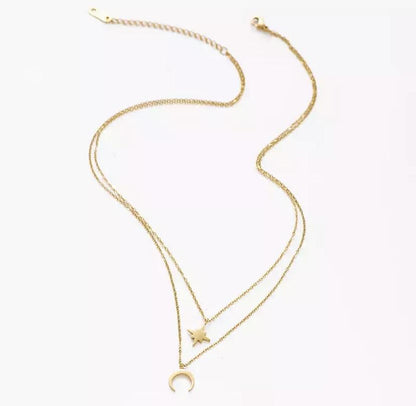 Moon and Star Layered Necklace in 14k Gold Plated Brass