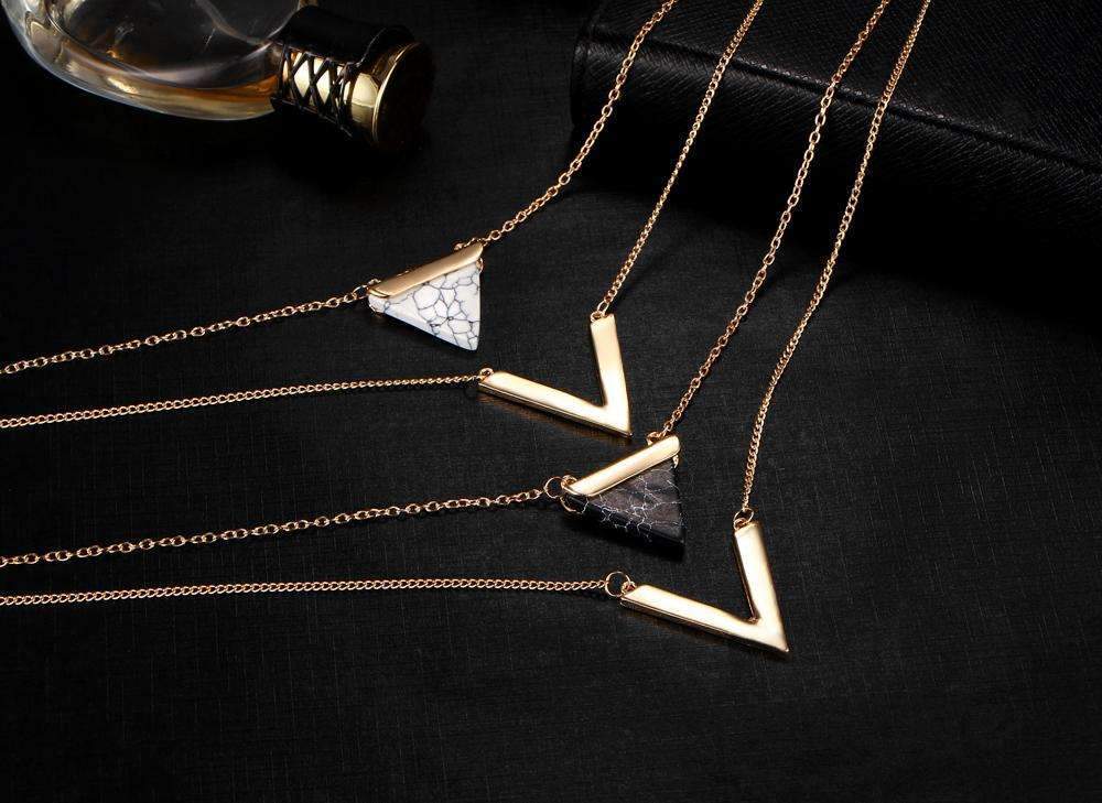 Marble Chevron Double Layer Necklace with Triangle Pendant