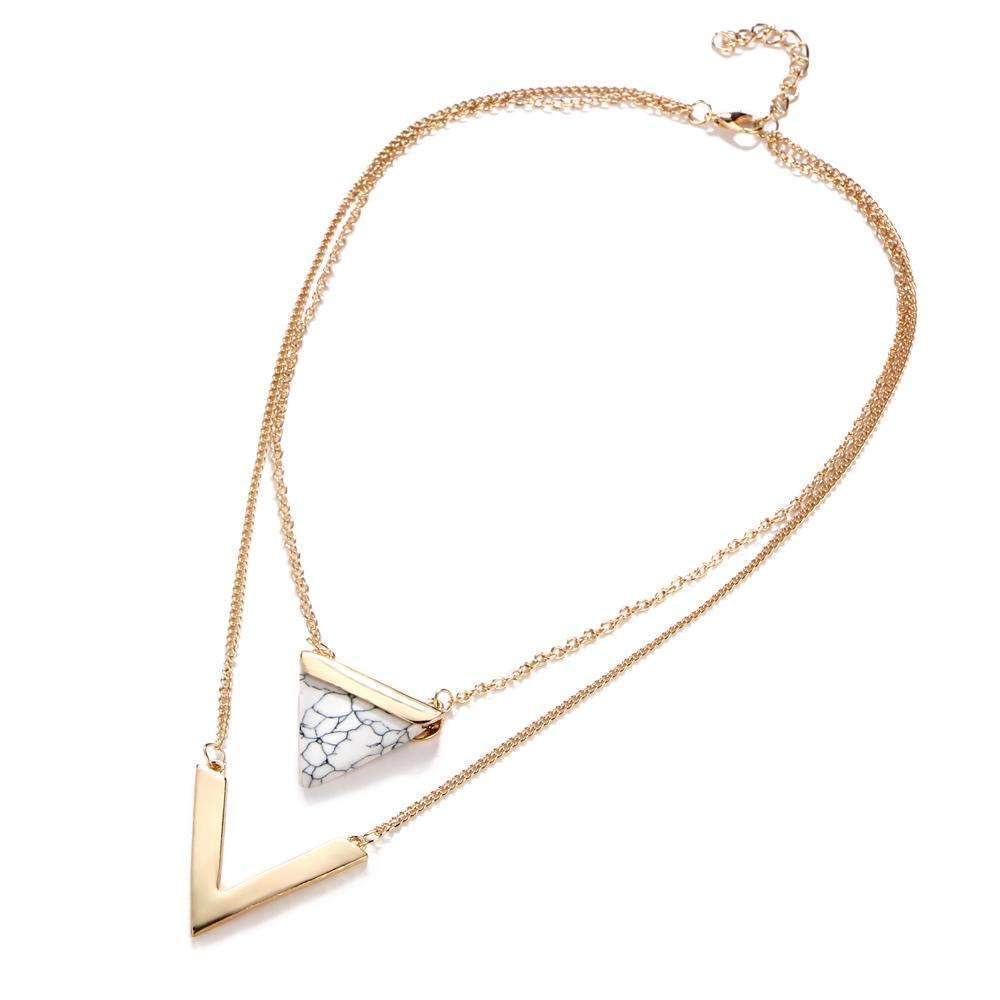 Marble Chevron Double Layer Necklace with Triangle Pendant