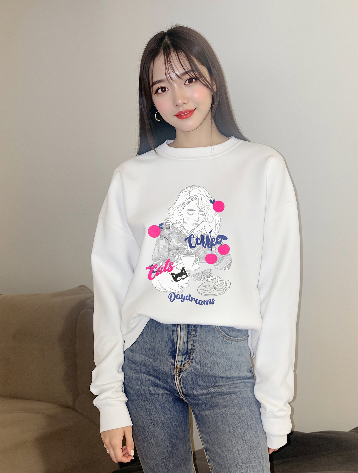 Long-sleeve - Korea -  Coffee Cats Daydreams Unisex Garment-Dyed Sweatshirt  - StyleMZ