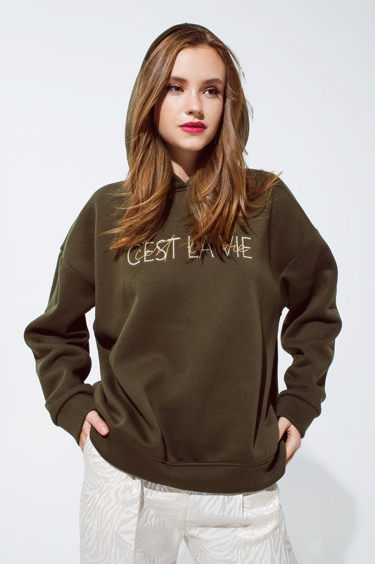 Khaki Color Hoodie With Embroidered Cest La Vie Text Style